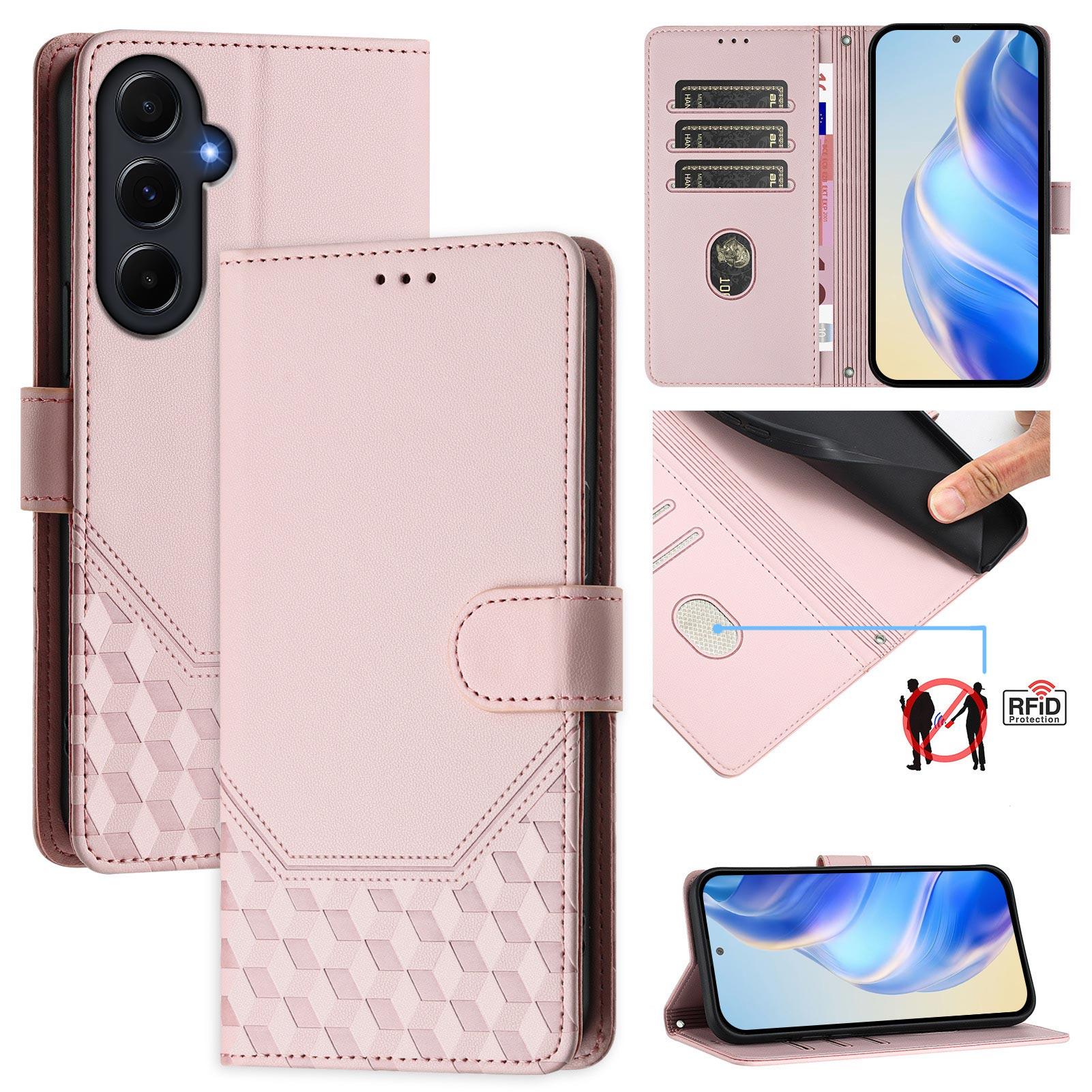 

Чохол для Samsung Galaxy A55 5G з тисненням у вигляді бджолиних стільників, шкіряна обкладинка для телефону з RFID-блокуванням та ремінцем Pink