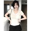 Old money V-neck pullover loose and thin round neck short-sleeved T-shirt women's summer chest width slim and thin versatile top