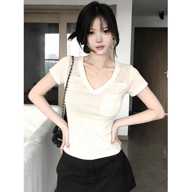 Old money V-neck pullover loose and thin round neck short-sleeved T-shirt women's summer chest width slim and thin versatile top