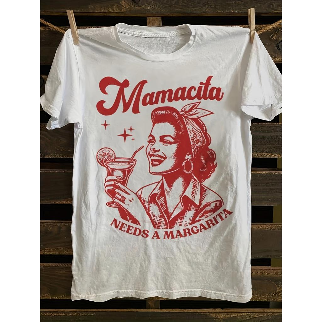 Women Summer White Round Neck T Shirt with Retro Inspired Margarita Themed Print Fun Loving and Spirited Unisex Unisex