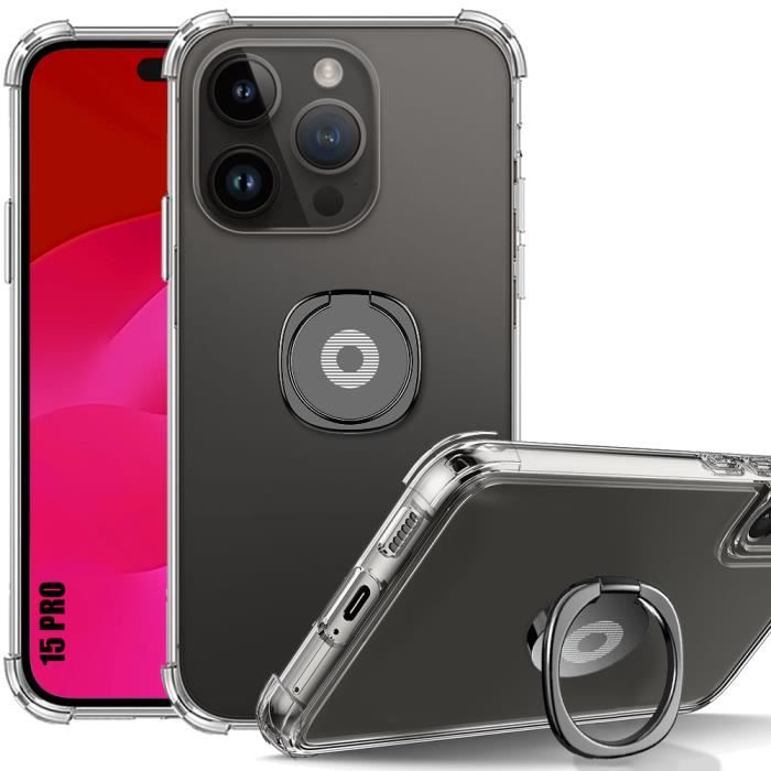 Silicone Case - iPhone 15 Pro - Transparent - Reinforced Shockproof - Stand On the Back - Black