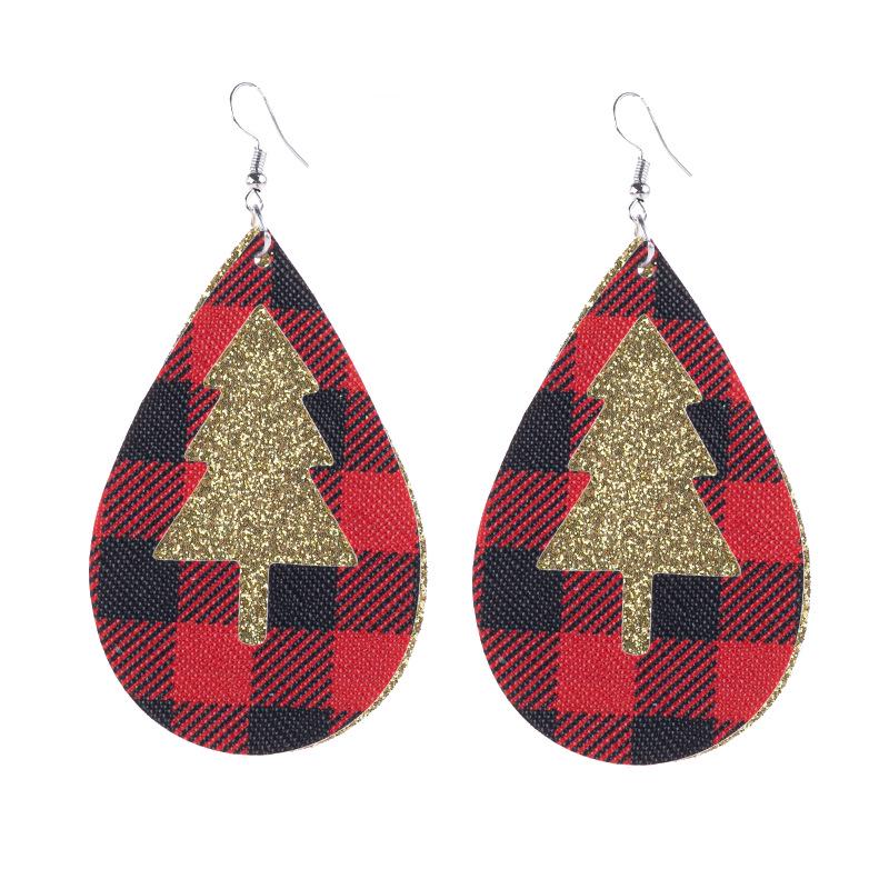 Dual-Layer Glitter Plaid & Hollow Christmas Tree Leather Earrings