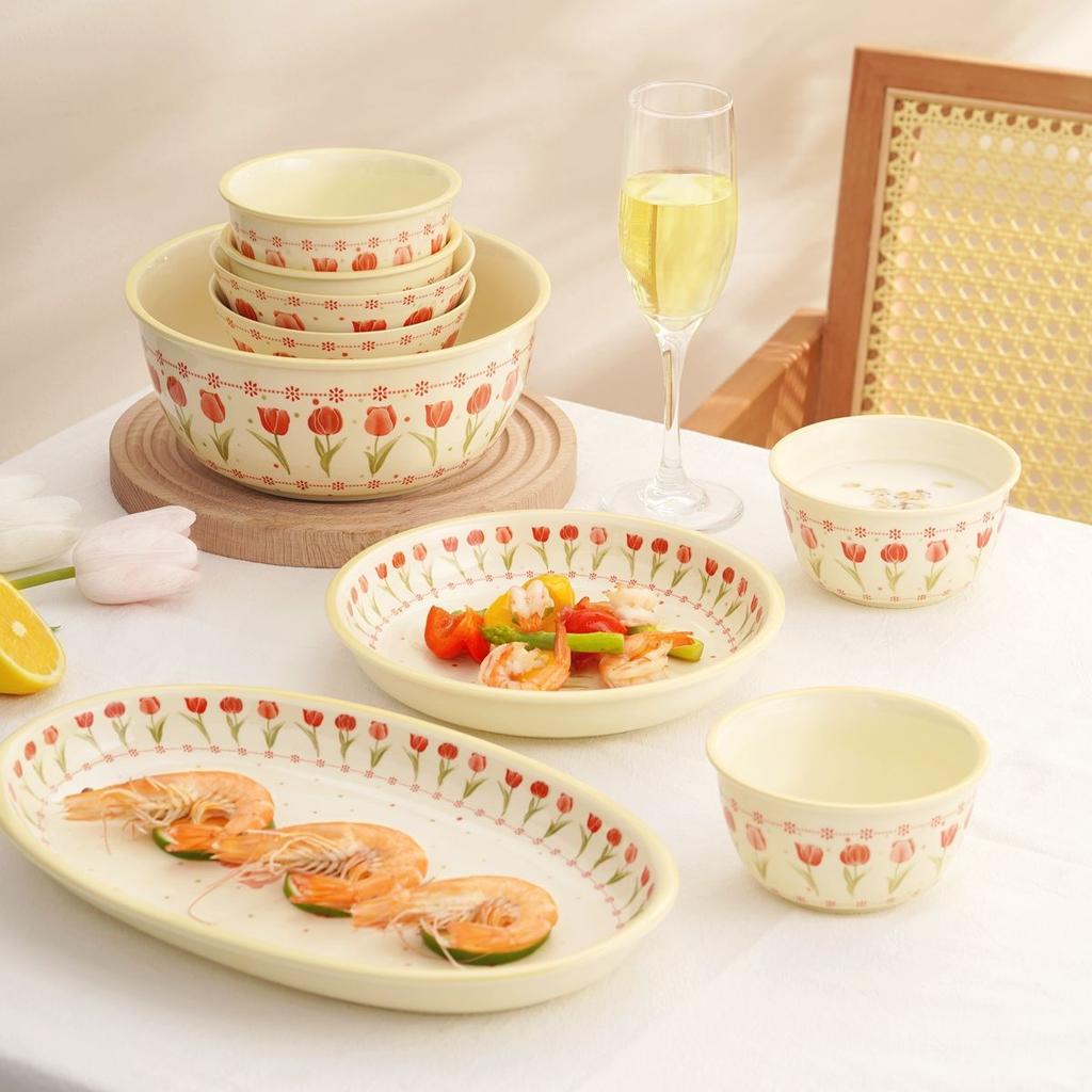 Hohe Schönheit Schüssel- und Geschirrset Haushalt Doppelte Ohrschüssel Tulpenplatte Schüssel Haushalt Teller Essen INS Wind Fischteller Geburtstagsgeschenk