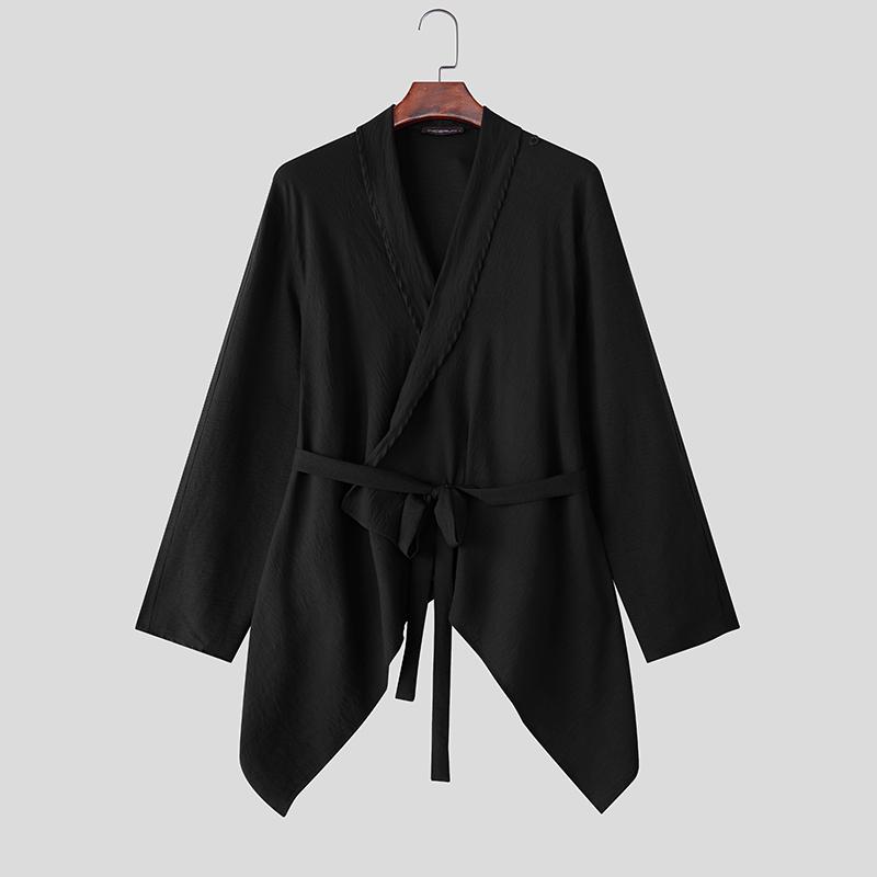 INCERUN Весна Мужские V-образный вырез Длинный рукав Необычные Рюши Готика Повседневные Топы Рубашки S чёрный