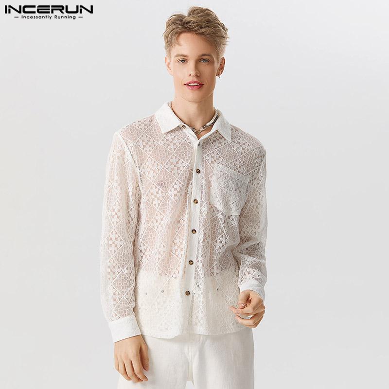 

INCERUN Мужские кружевные рубашки с длинным рукавом, прозрачные топы на пуговицах