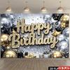 2D Black Gold Silver Happy Birthday Backdrop Party Photo Background Banner