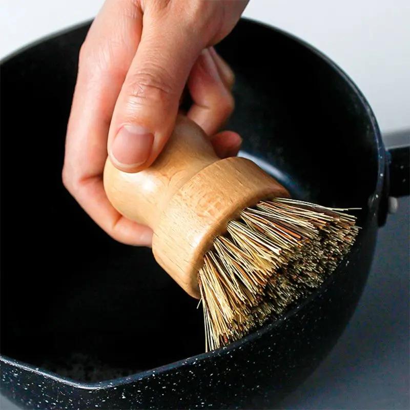 Kitchen Cleaning Brush Stove Sisal Thick Brown Short Handle Round Dish Dishwashing Bamboo and Wood Pot