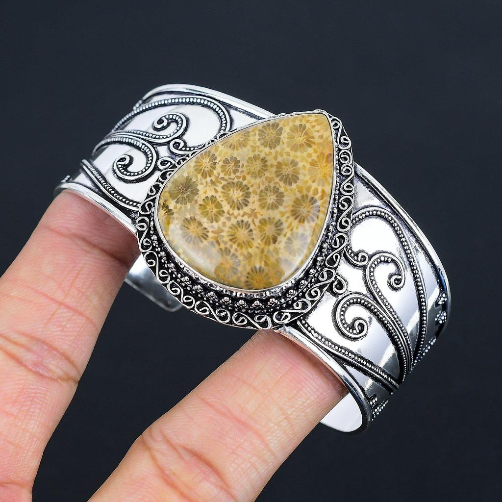 Natürlicher Fossilienkorallen Edelstein Silber Armreif | 925 Sterlingsilber | Verstellbarer Armreif | Handgefertigter Silber Armreif Schmuck für Frauen & Mädchen