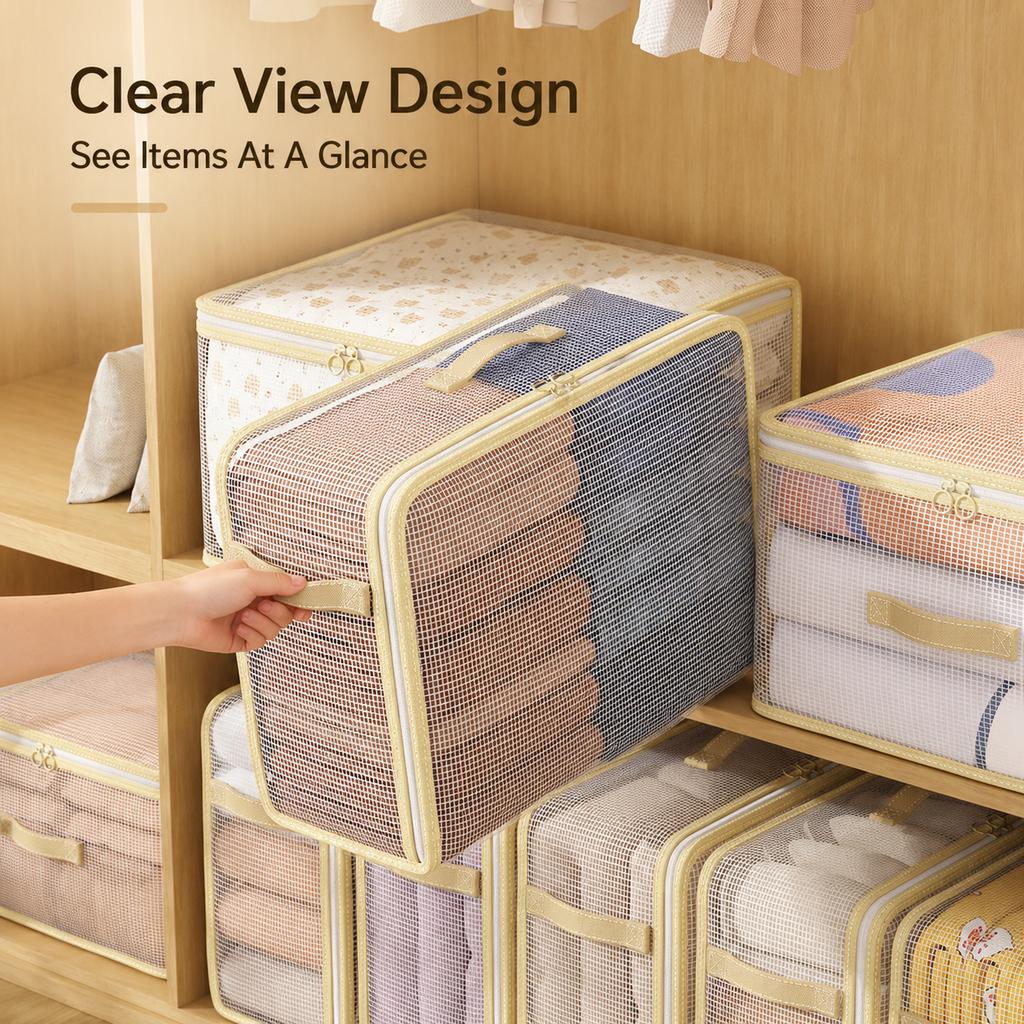 Transparent PVC Clothes Storage Bag Foldable Wardrobe Organizer With Zipper Handle For Quilts Blankets And Seasonal Home Storage And Daily Use