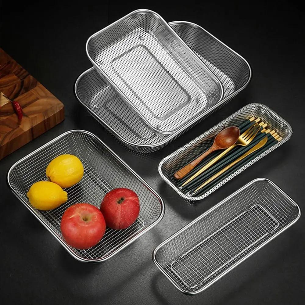 New Stainless Steel Washing basket Square Handles Storage Baskets Vegetable Storage Basket Mesh Colander