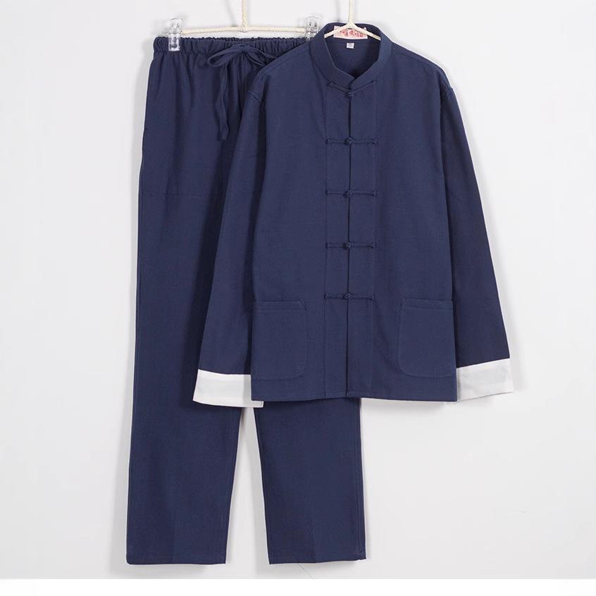 

Мужской традиционный китайский стиль Мужские хлопковые льняные топы и брюки Костюм ханьфу Тан Униформа кунг-фу Тайцзи Восточные комплекты одежды XL темно-синий