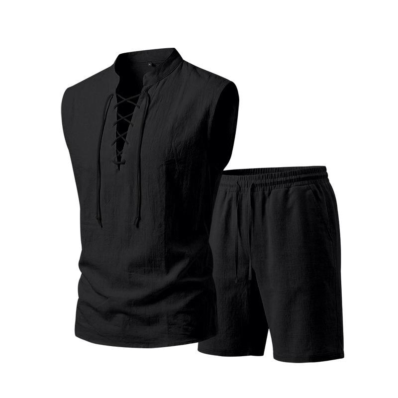 Men Solid Linen 2 Piece Outfit Mandarin Collar Lace Up Sleeveless Tank Drawstring Shorts Beach Set
