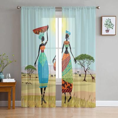 African Women Ethnic Giraffe Elephant Tulle Curtains For Living Room Chiffon Voile Sheer Window Curtain For Bedroom