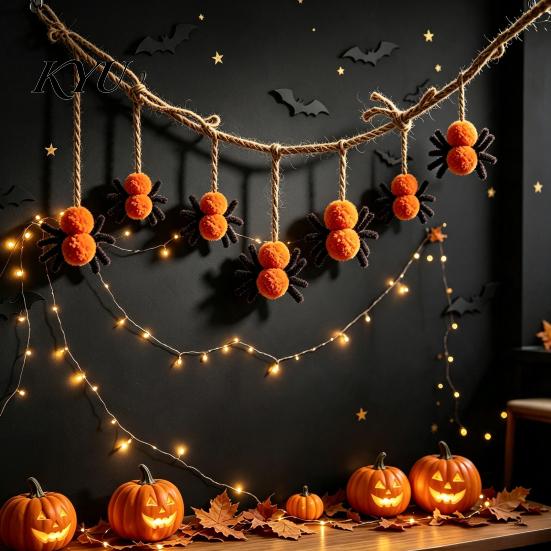Indoor Halloween Party Supplies 78 Inch Hanging Spider Banner, Mini Black Orange Plush Wall Ornament for Home Pom Garland Party, Fireplace,