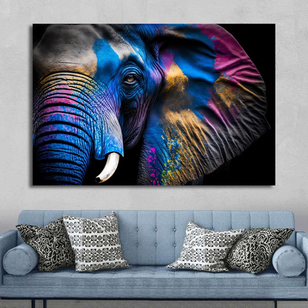 Ritratto Moderno Faccia di Elefante con Pittura su Tela con Pittura Colorata Poster di Elefanti Arte da Parete per Decorazione Soggiorno