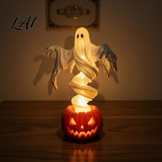 Halloween Ghost Pumpkin Decor Swirling Yard Lamp Lighted Spooky Statue Warm LED Outdoor Collectible Haunted House Ornament Decor Fall Autumn Garden