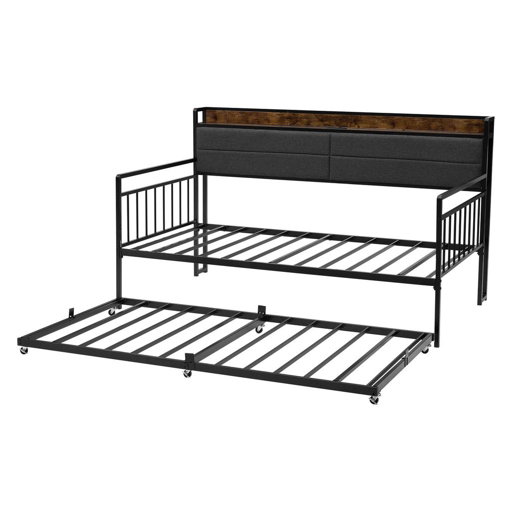 SucceBuy Twin/Full Size Daybed Frame Day Bed w/ Trundle and Charging Station w/Metal Slats Support for Living Room Easy Assembly