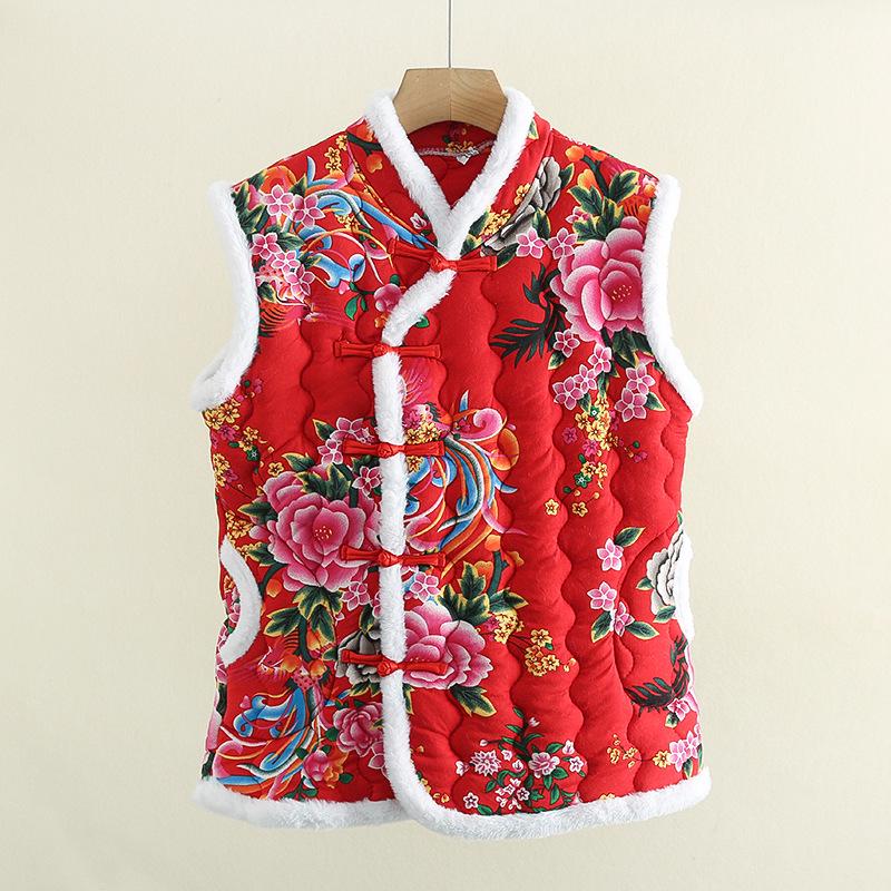 Damska pikowana kamizelka bawełniana z kwiatowym wzorem i guzikami w kształcie żabki - Ciepła bezrękawnikowa odzież wierzchnia na jesień/zimę