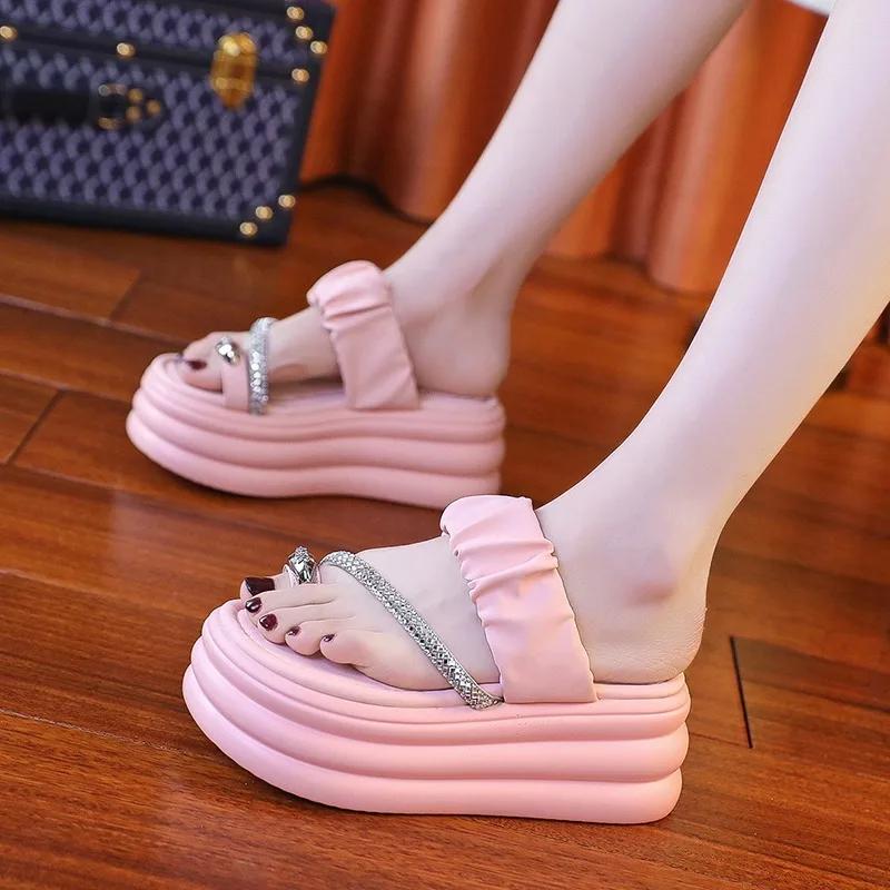 Fashion Women Summer Bling Chunky Slippers High Platform Flip Flops 7.5CM Wedge Heels Slides Sweet Girl Sandals Open Toe Beach Slippers