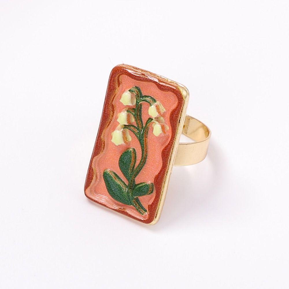 French Vintage Ring Printing Glazed Ring Exquisite Enamel Flower Ring  Jewelry