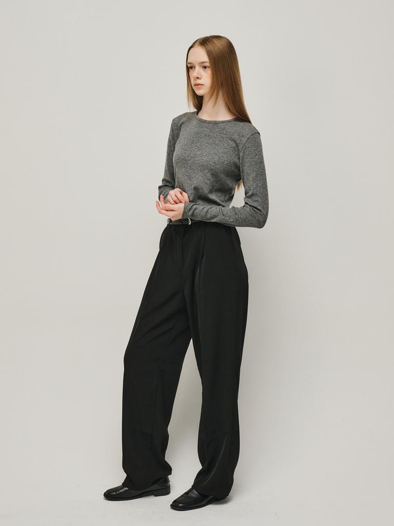 Micheumicheu Mono Ribbed Simple T-Shirt [Gray]