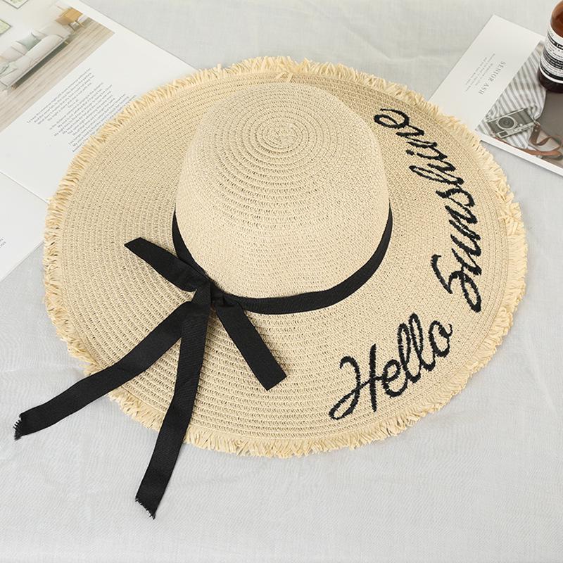 Straw Hat Ladies Bow Big Eaves Hat, Dome Sunscreen Beach Letters Big Eaves Seaside Sun Hat Tide