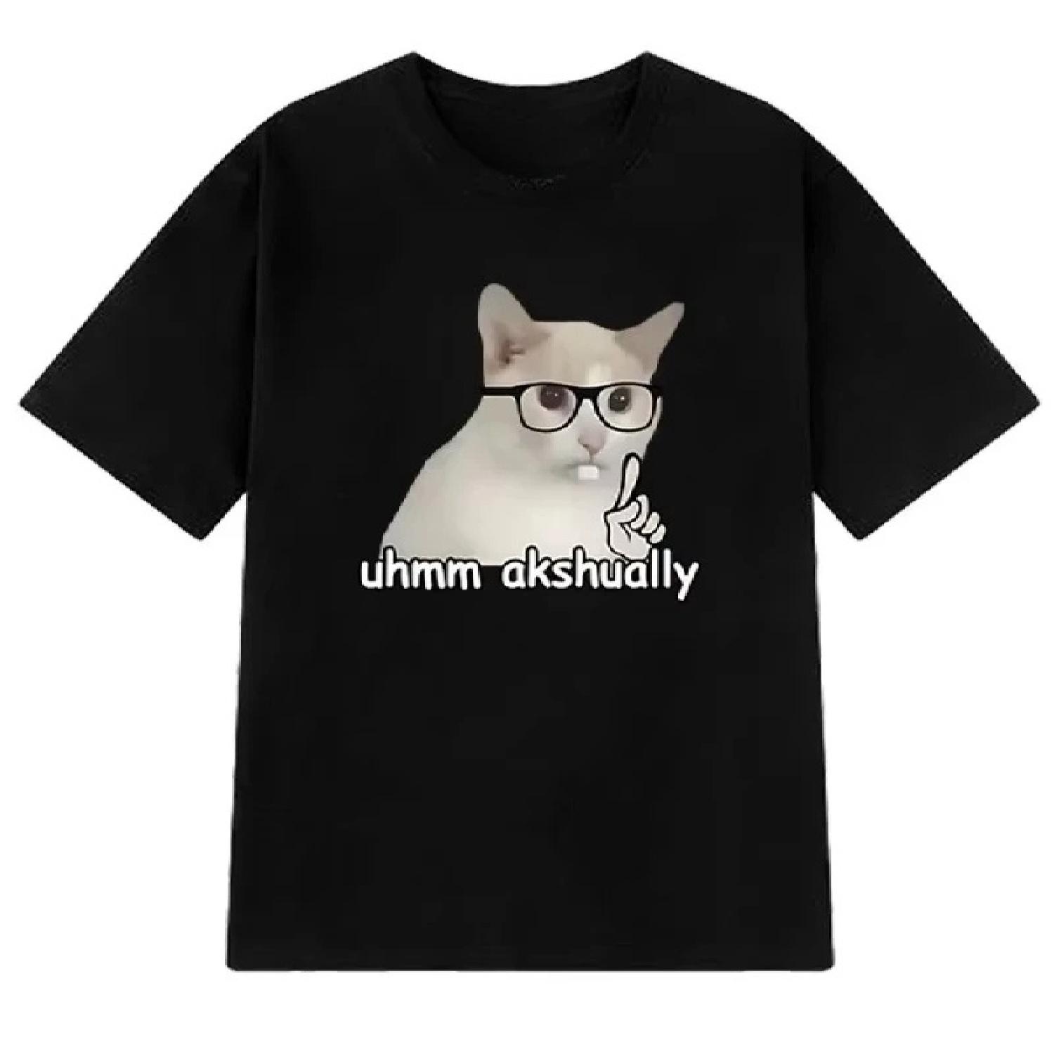 

Summer T-shirts, Well, Actually Interesting Bookworm Cat Emoji Graphic Short-sleeved T-shirts, Women s Top Clothing S чёрный