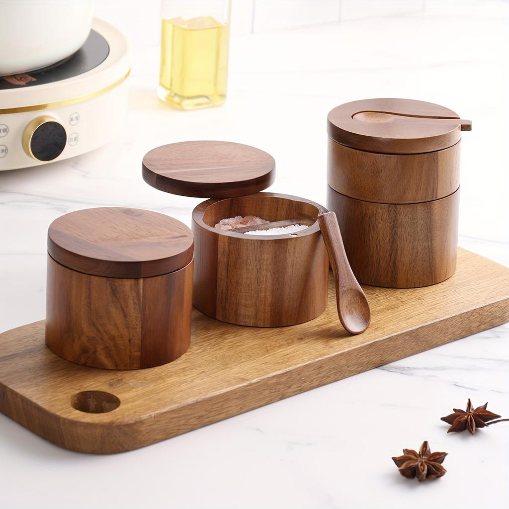 Acacia Wood Salt Jar with Spoon Solid Wood Seasoning Box Pepper Box Kitchen Seasoning Bottle Salt Box Storage Seasoning Jar