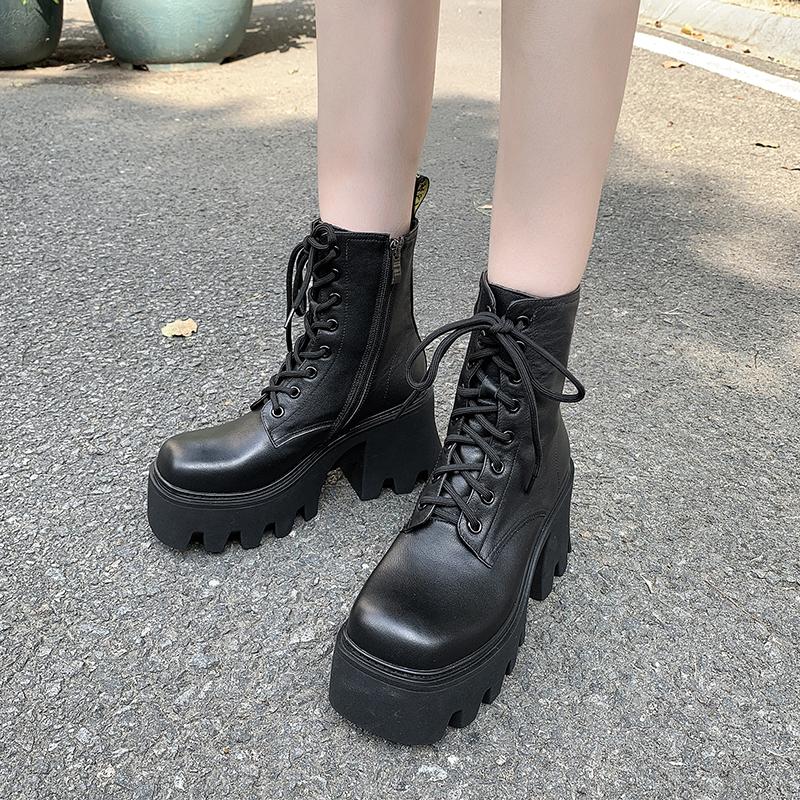 Modische Damenmode Klobige Einzelstiefel Herbst Neu Runde Spitze Vorderer Riemen Dicke Sohle Anti-Rutsch Abriebfest Kurzstiefel