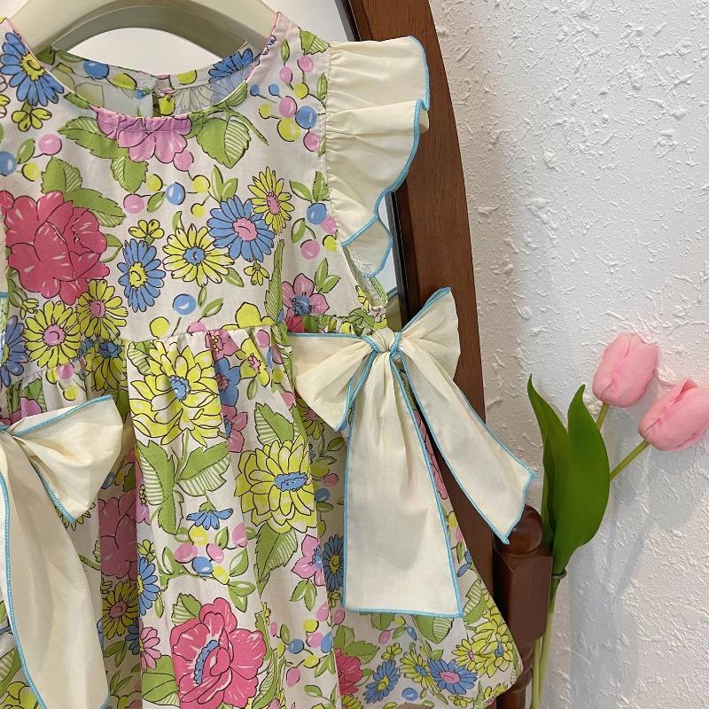 Floral Dress Flower Girls Casual Wedding Dress with Flower Print Baby Girl Dress