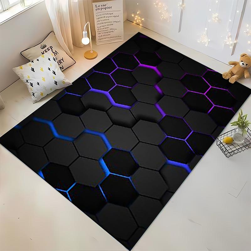 Modern Black Carpet with Blue and Purple Hexagonal Pattern Design Suitable for use as an anti-slip for living room bedroom sofas