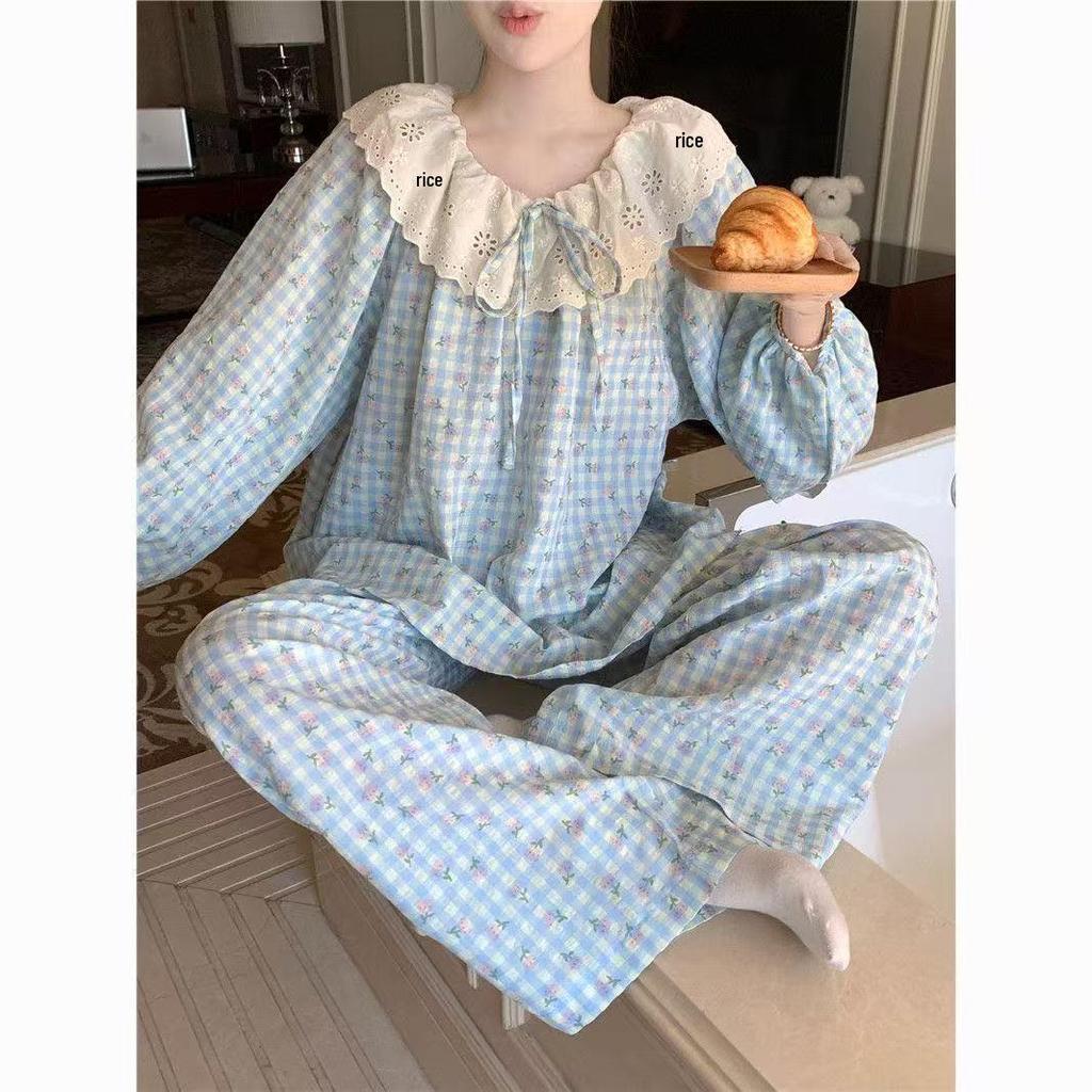 Damen Blumen-Spitzen-Pyjama-Set - Langarm, Süßer Koreanischer Stil, Vielseitig für drinnen und draußen