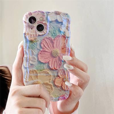 Husă de telefon retro cu pictură în ulei cu flori cu lumină albastră cu laser pentru iPhone 14Pro Max 13 11 12 Pro Max Husă moale, elegantă, antișoc, florală