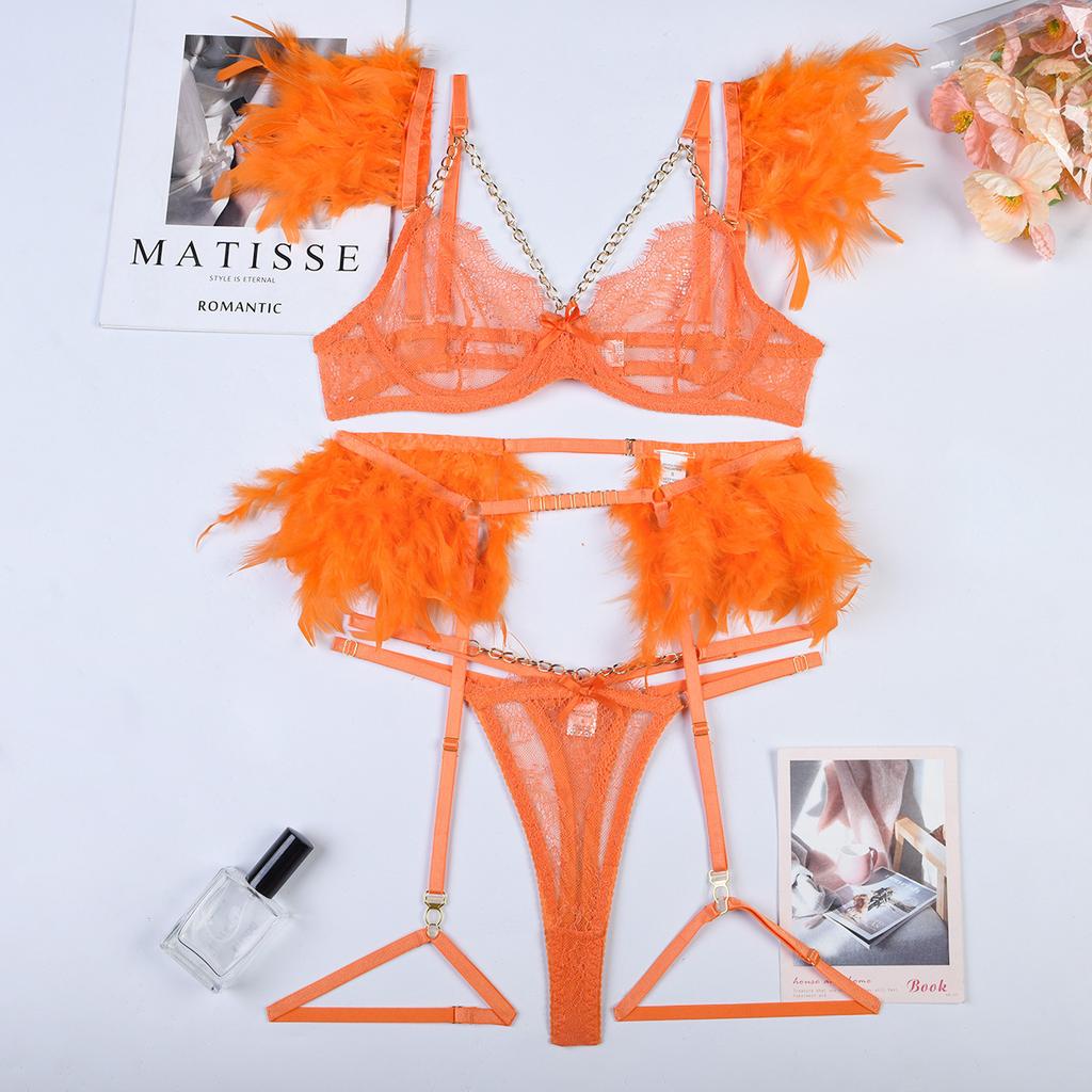 Women Sexy Exotic Set Feather Lace Lingerie Bra Set Elegant See Through Underwear Party Club Micro Bikini Thong Exotic Apparel