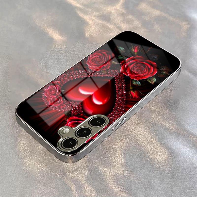 Gold-plated tempered glass phone case compatible Galaxy S26 S25 S24 S23 S22 Ultra Plus Features red rose sparkling heart design