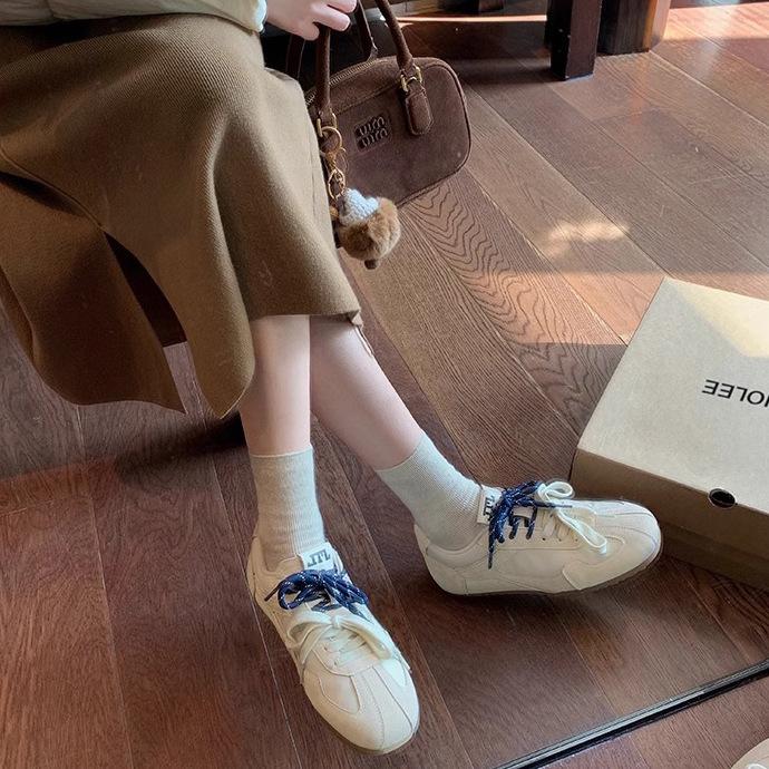 2025 spring new niche square head Forrest Gump training shoes color matching retro round head leather flat bottom casual board shoes women