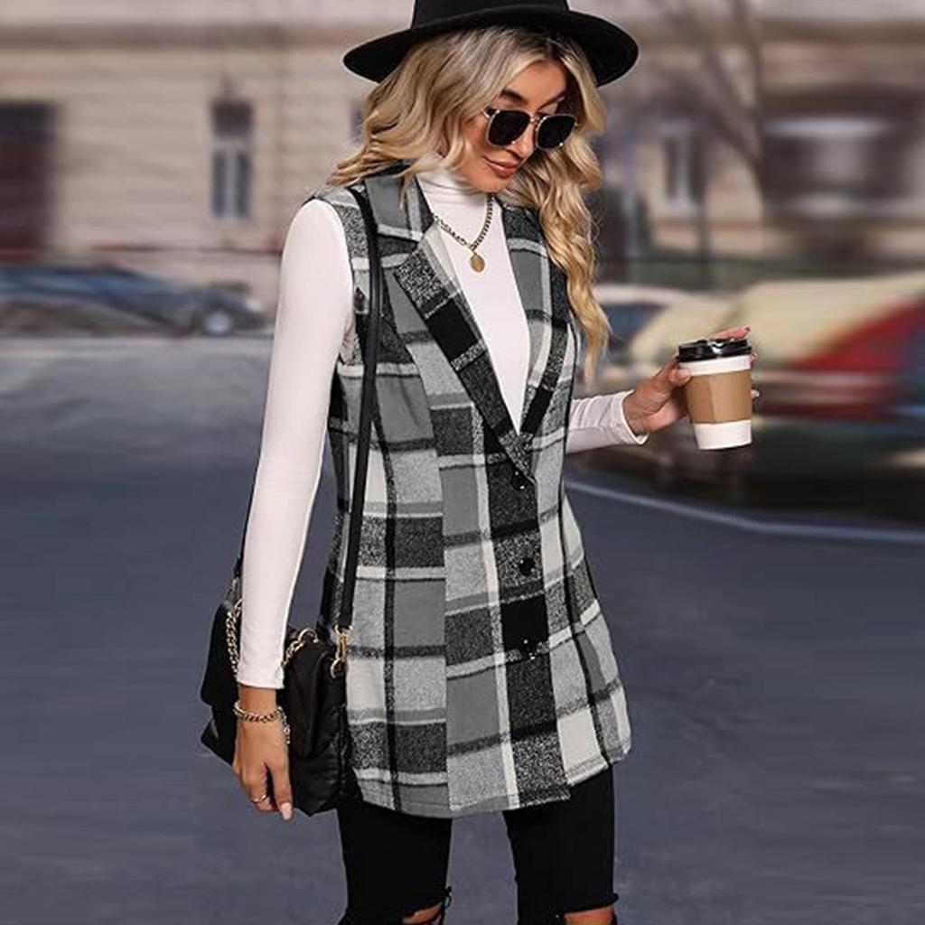Women's Plaid Woolen Lapel Vest Suit Coat