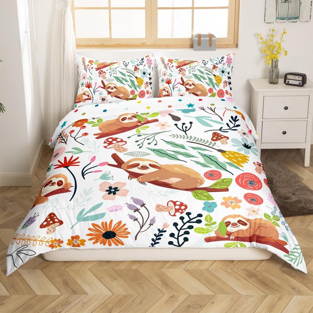 Süßes Faultier Bettwäsche Set Cartoon Faultier Bettwäsche Set für Kinder Jungen Mädchen Botanisch Floral Rosa Queen King Bettbezug Sets