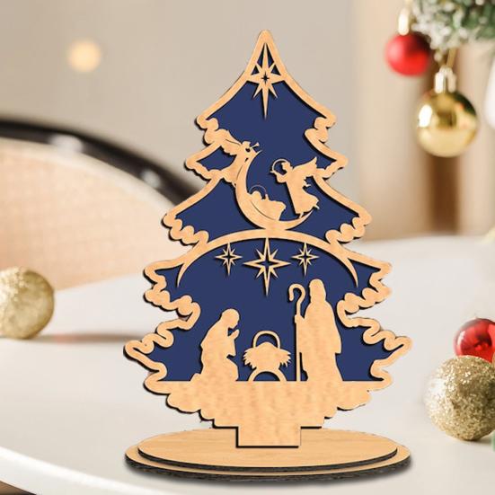 Christmas Tree Table Sign Decoration Farmhouse Rustic Jesus Nativity Wooden Ornament with Base Home Office Bookshelf Desktop Decor