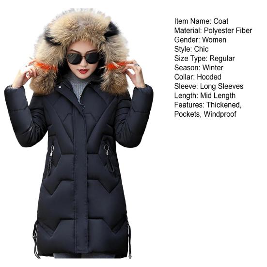 Kış Kadın Pamuklu Ceket Kürklü Kapşon Boyun Koruma Cepleri Orta Uzunlukta Fermuar Kapatma Dolgulu Mont Düz Renk Rüzgar Geçirmez Dış Giyim Parka