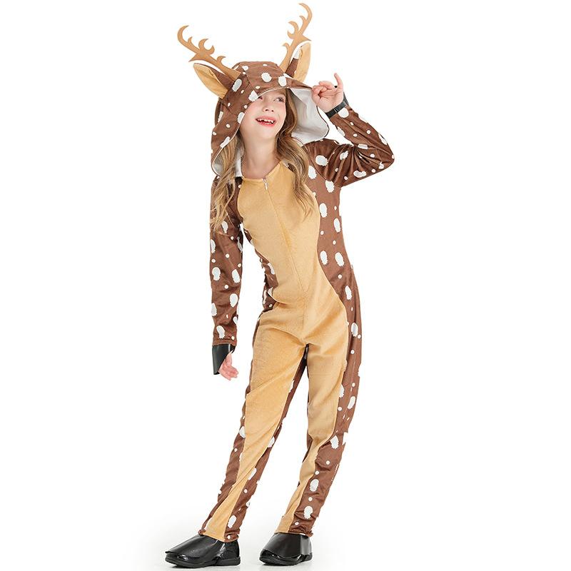 Kids Girls Animals Sika Deer Elk Christmas Reindeer Hooded Jumpsuit Children Halloween Role Play Dress Up Cosplay Costume