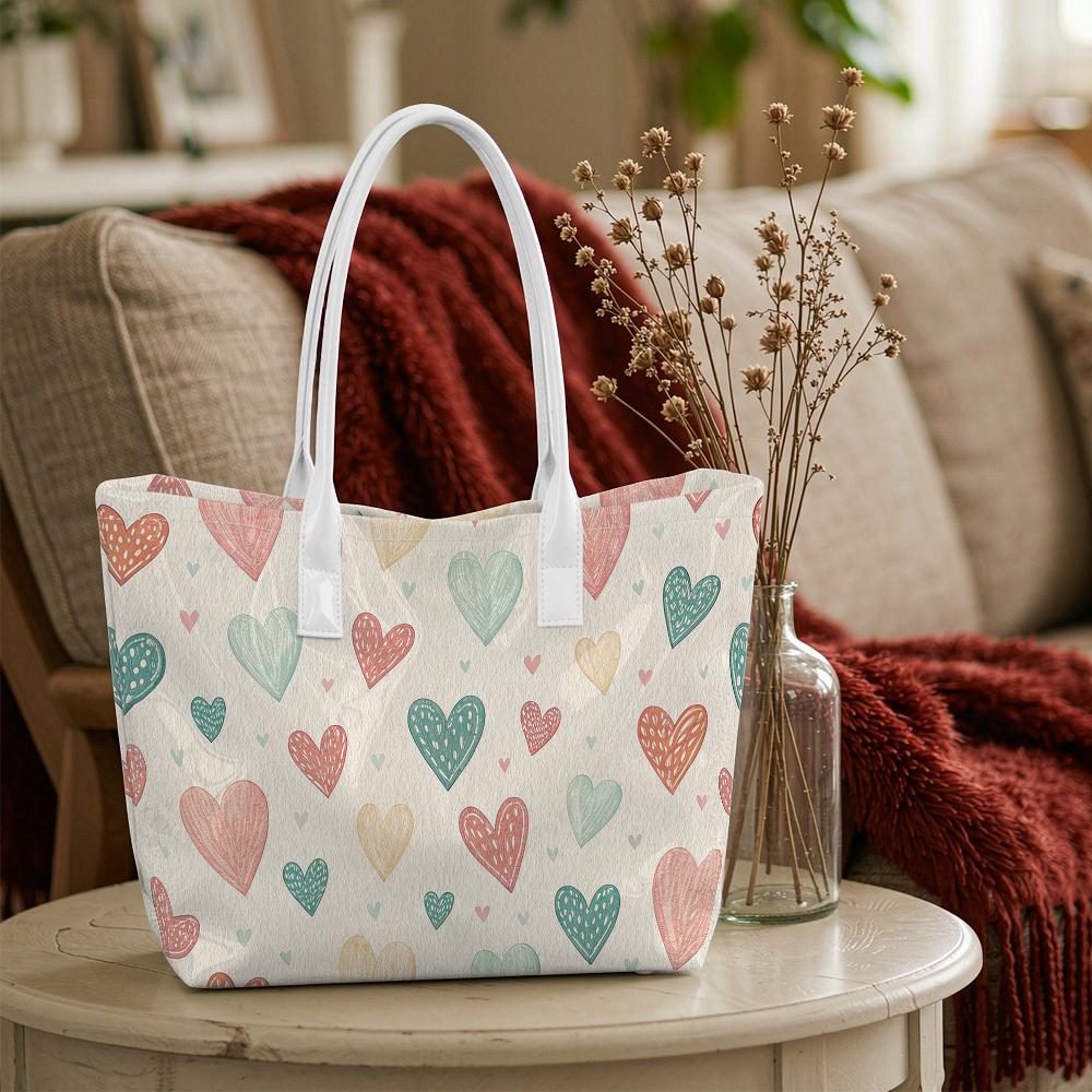 Cute Heart Printed Tote Bag Casual Daily Large Capacity Portable Shoulder Bag for Women Outdoor Shopping Travel