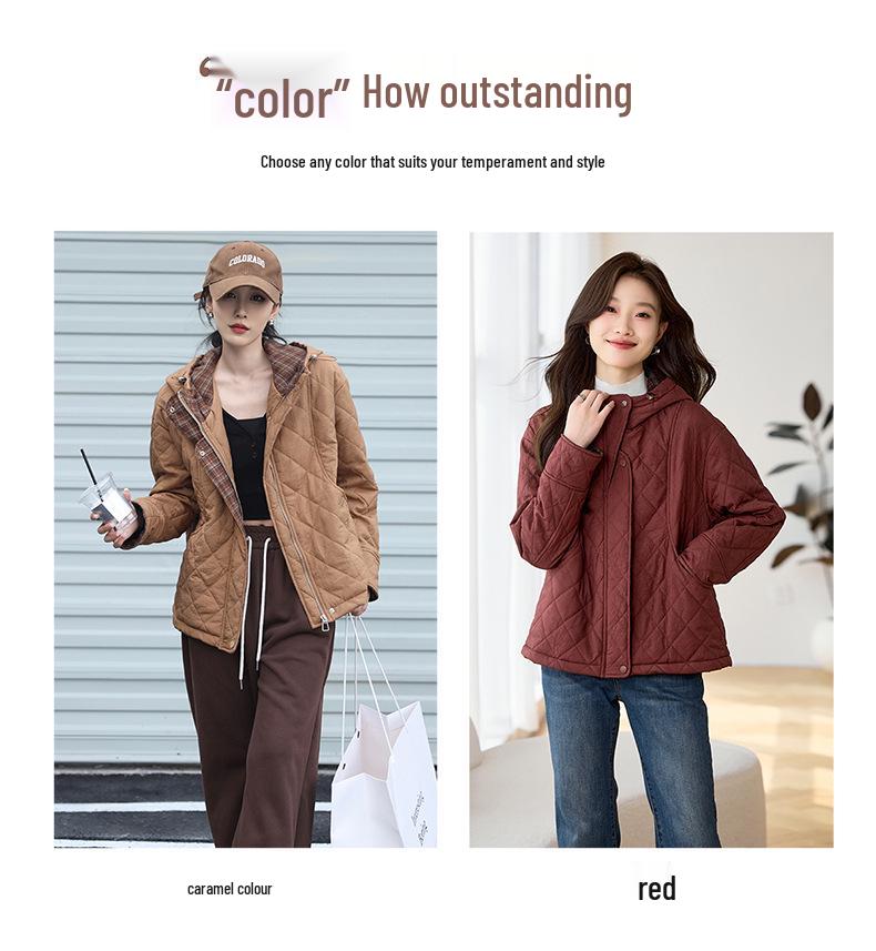 Women's 2024 Diamond Quilted Cotton Hooded Jacket - Autumn/Winter Short Fashion Plaid Patchwork Lightweight Coat
