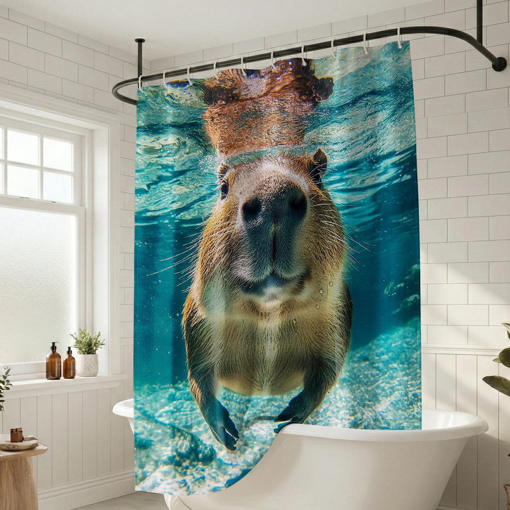 Funny Underwater Capybara Shower Curtain, Cute Animal Swimming Art, Bubbles & Blue Ocean Aesthetic Bathroom Decor