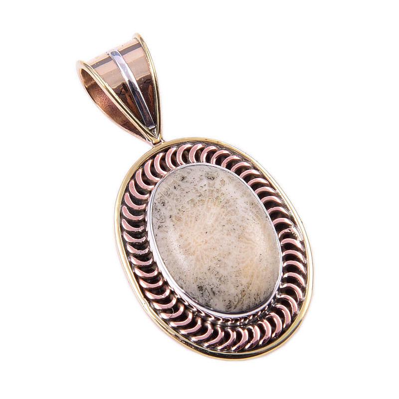 Natural Fossil Coral 925 Solid Sterling Silver TwoTone Gift Pendant 1.50" d4W27
