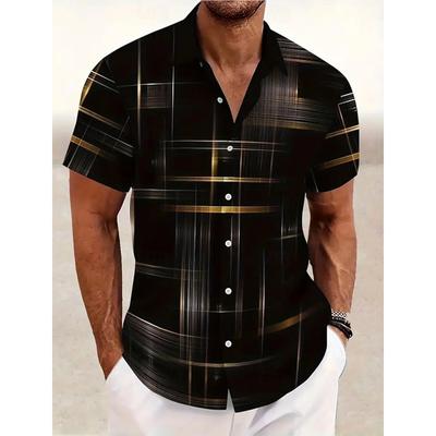 Summer Men's Geometric Grid  Plaid Shirts Short SleeveTurndown Hawaiian Shirt Button Up Shirts No Pockets Shirts