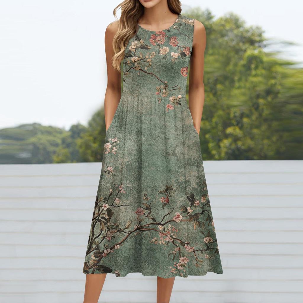 Robe mi-longue décontractée à imprimé à la mode pour femmes, col rond, sans manches, avec poche