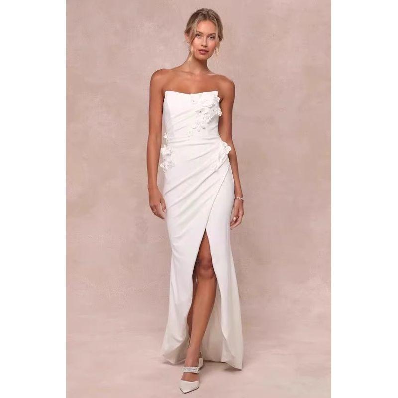 Export Single Annual Party Party Pure White Fairy Temperament Three-Dimensional Flower Tube Top Split Host Red Carpet Dress Long Skirt