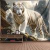 Majestic White Tiger Tapestry Wall Hanging, Chinese Ancient Architecture And Mountain Landscape, Mythical Animal Art Decor