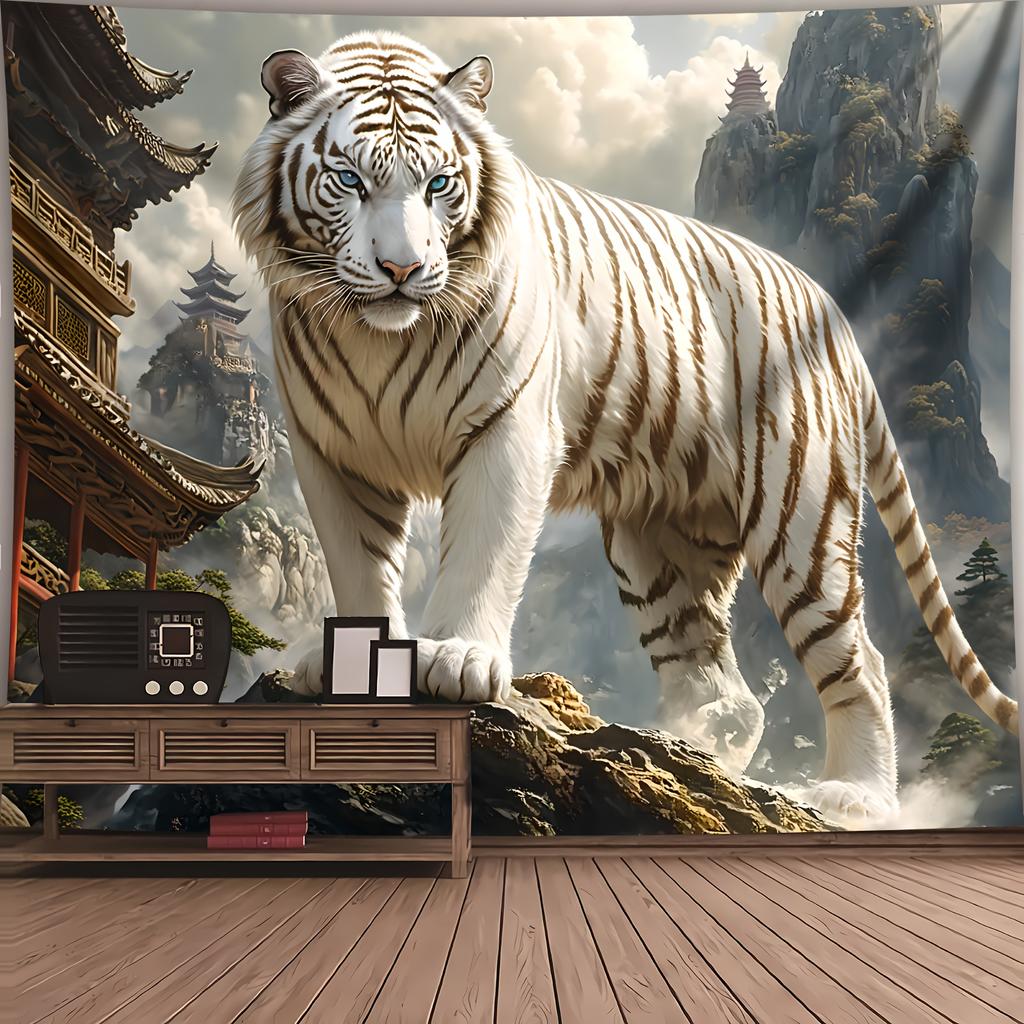 Majestic White Tiger Tapestry Wall Hanging, Chinese Ancient Architecture And Mountain Landscape, Mythical Animal Art Decor